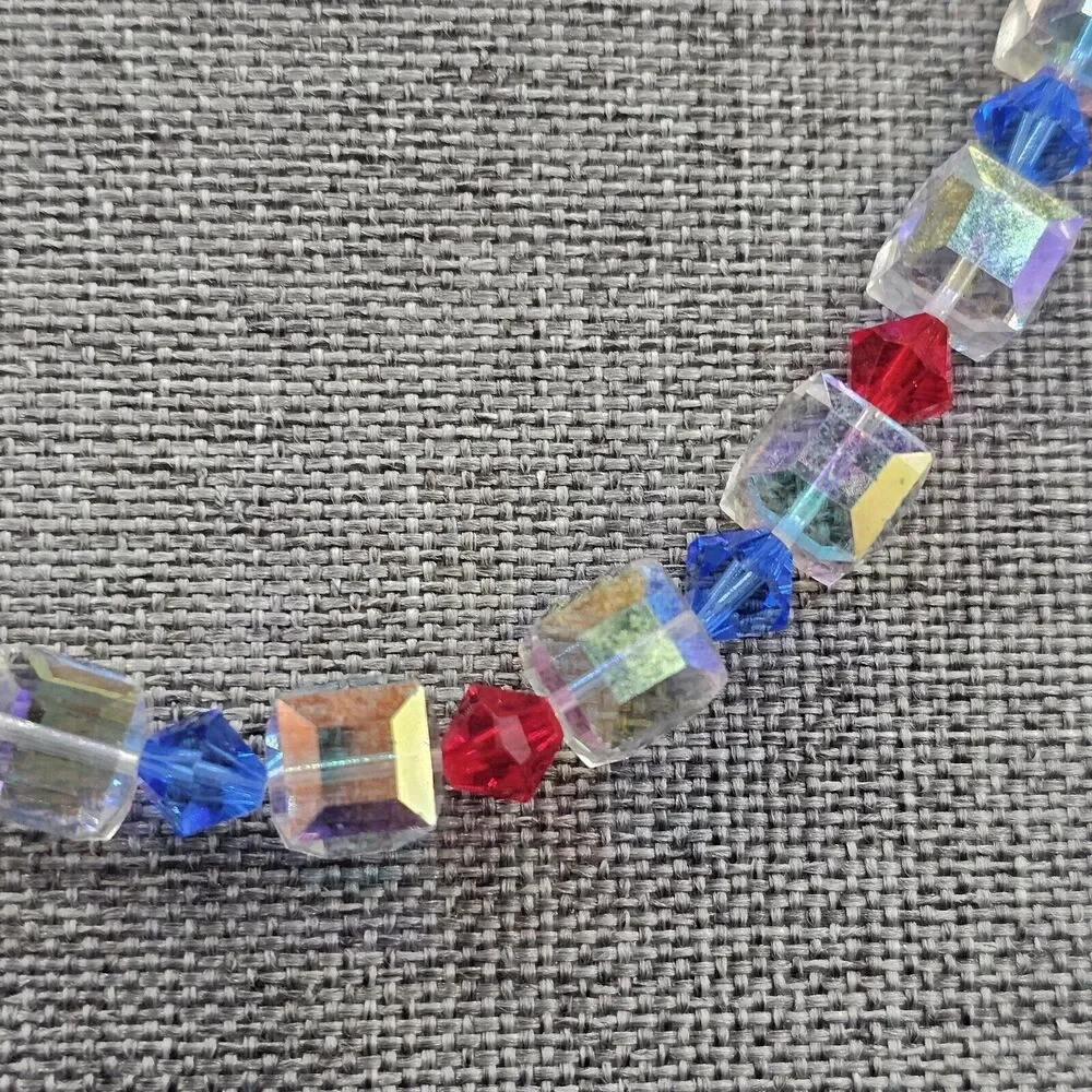 Red White Blue Necklace Aurora Borealis Square Crystal Bead Iridescent 22 in - Picture 2 of 8